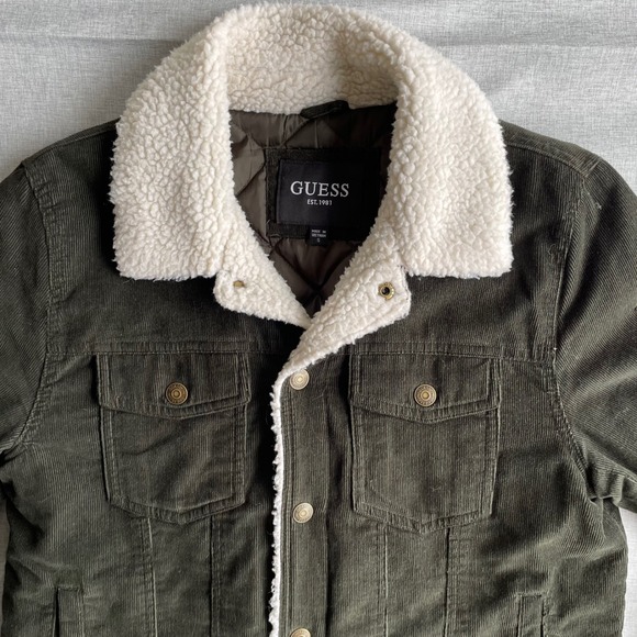 GUESS Mens Sherpa Lined Corduroy Trucker Jacket Olive Green Size S - Picture 2 of 11